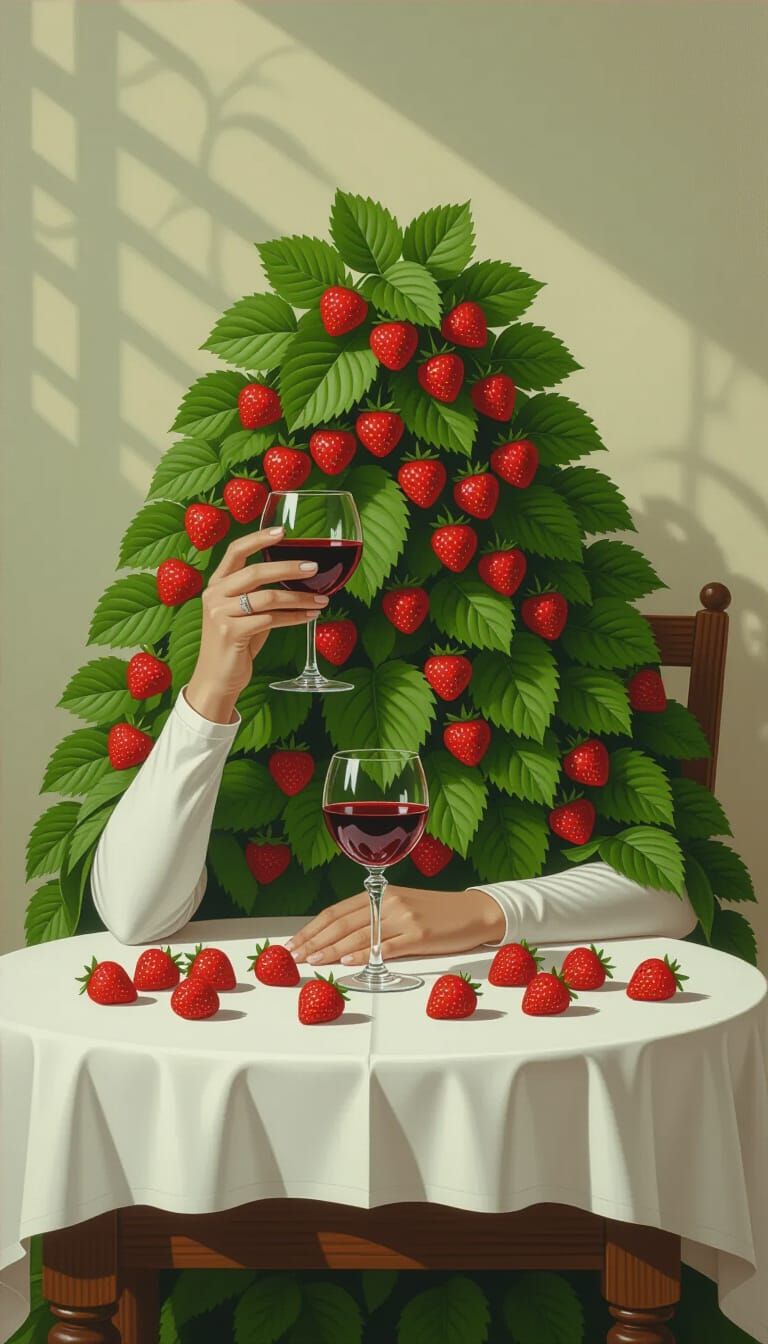 Figure Cloaked in Strawberries and Leaves at Table