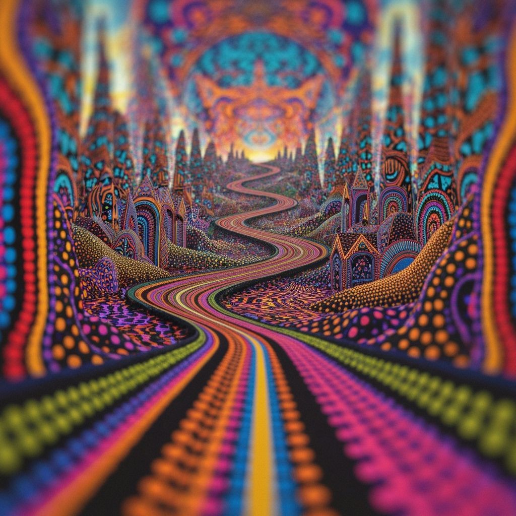Surreal Road in Vibrant, Interconnected Psychedelic Landscap...
