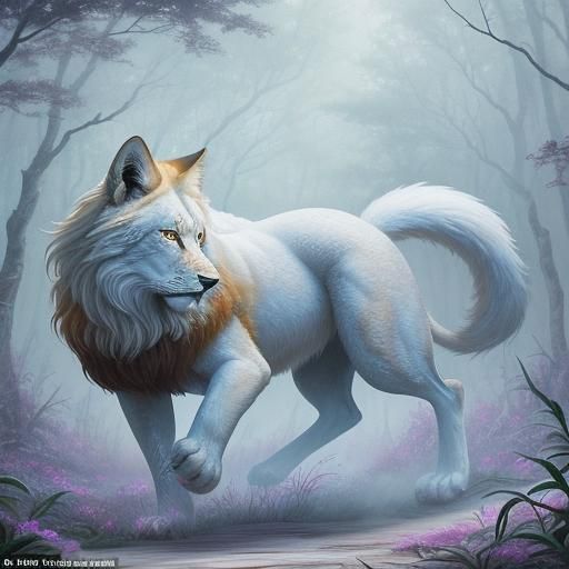Enigmatic White Kitsune in Forest: Acrylic Painting
