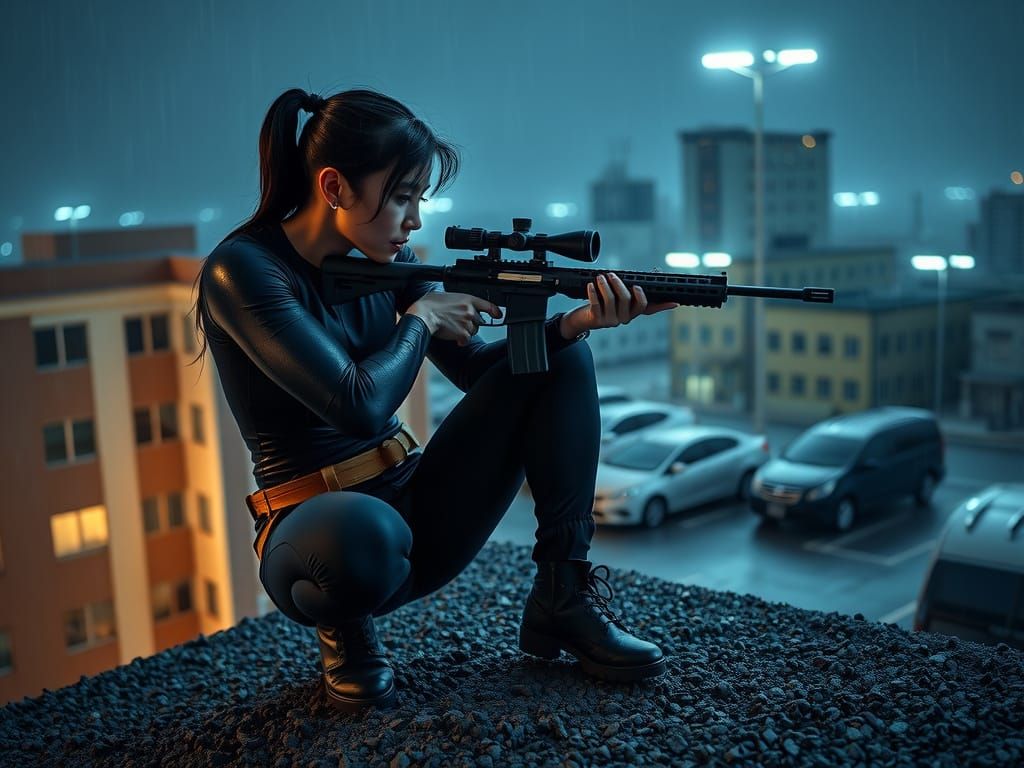 Woman Sniper Aims Rifle on Rainy Rooftop