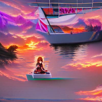 Anime Girl on Boat at Sunset in 8k