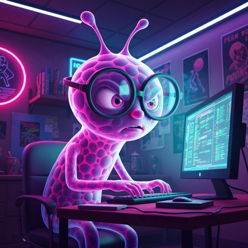 Nerdy Microbe Programmer in 80s Synthwave Style