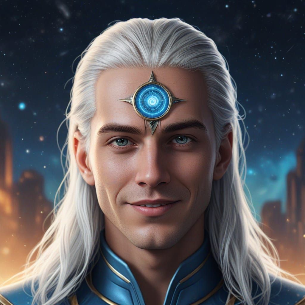 Celestial Star Man with Piercing Blue Eyes