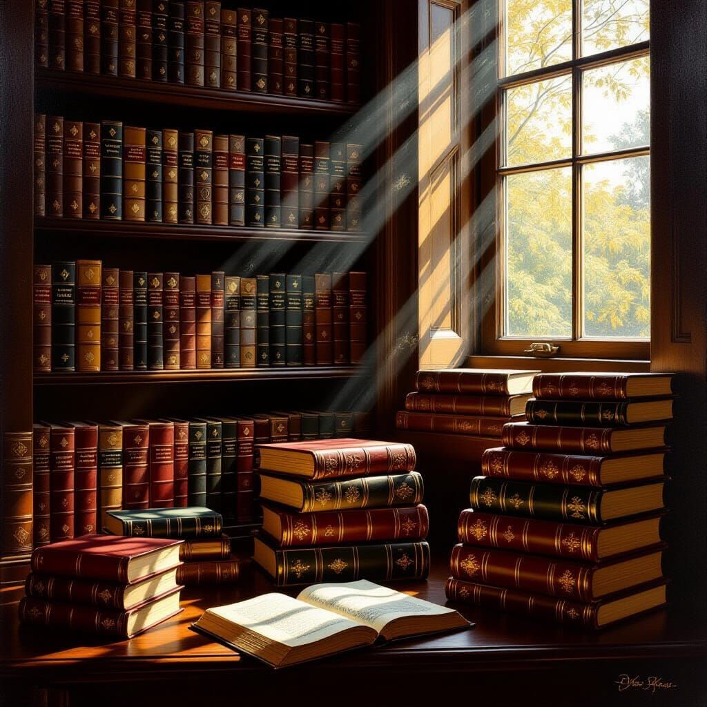 Antique Bookshelf in Warm Sunlight, Oil Painting Style