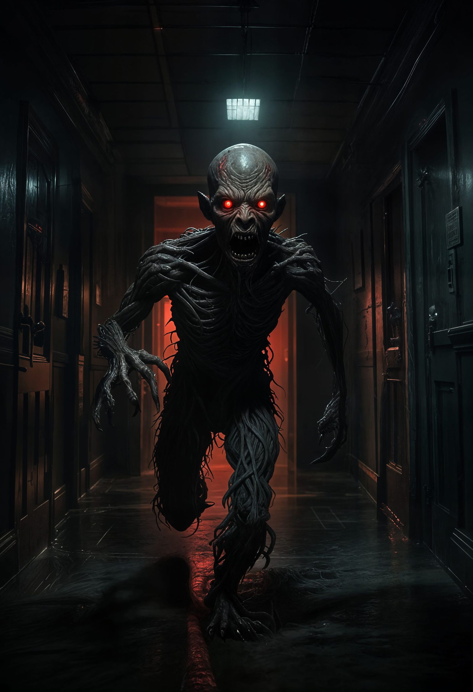 Grotesque Monster in Dark Hallway: Cinematic Horror