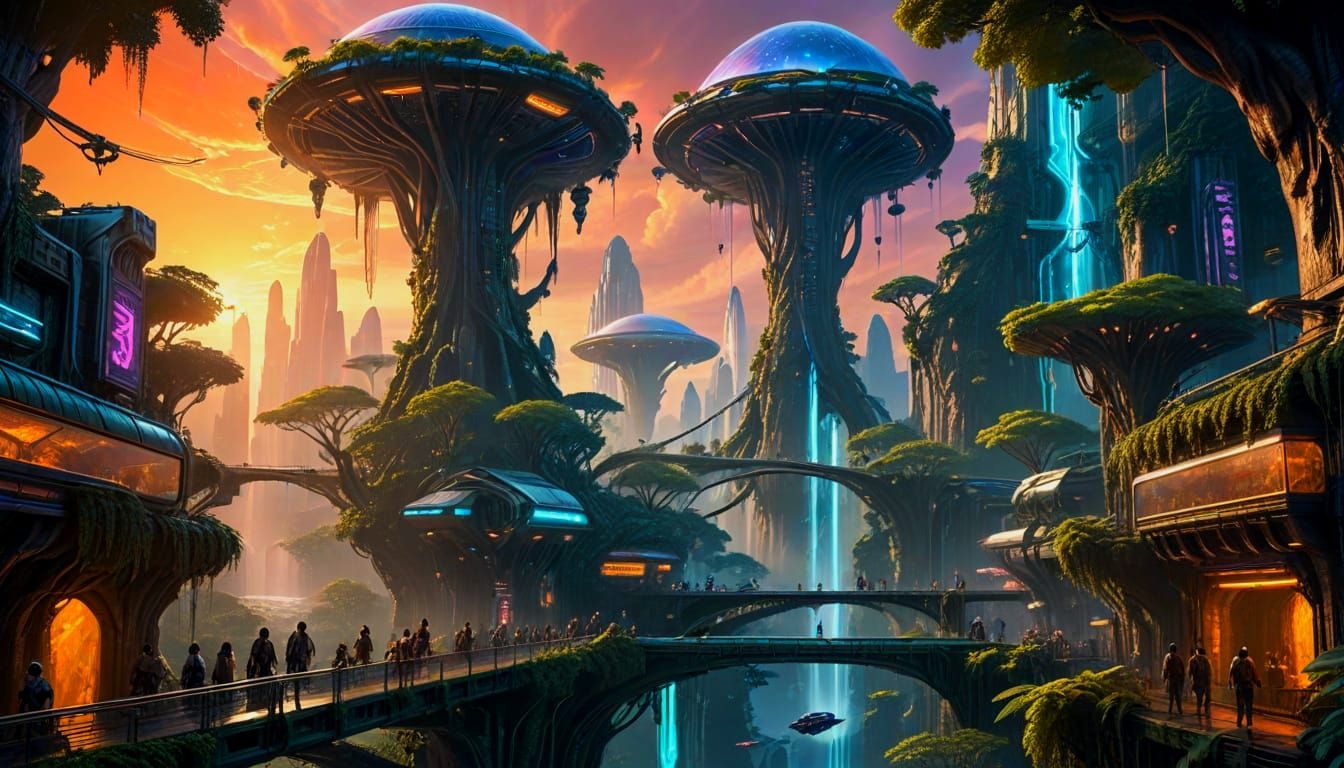 Futuristic Alien Jungle City with Golden Sunset