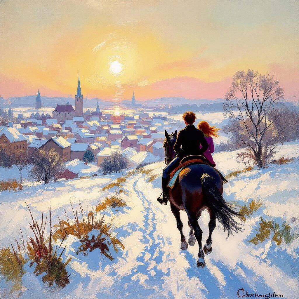 Post-Impressionist Winter Scene: Horse Ride to Town