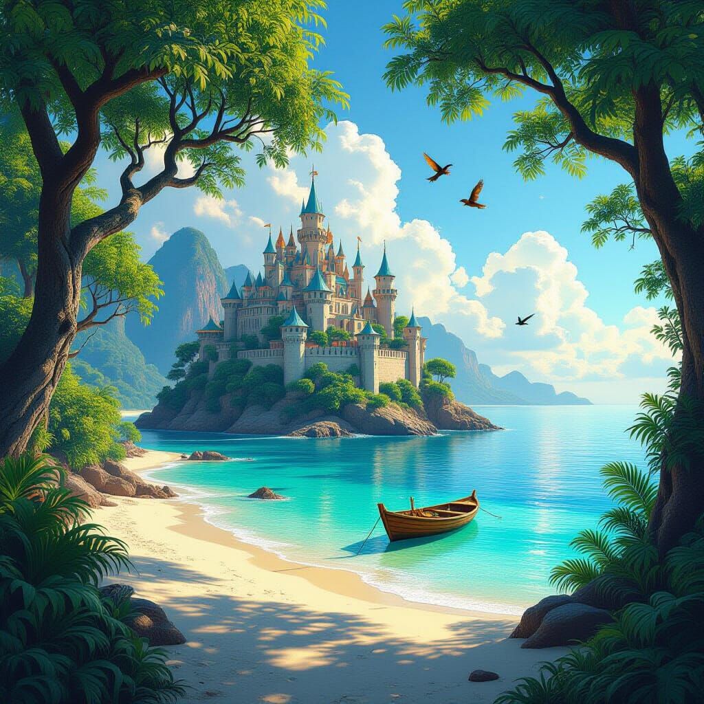 Vibrant Island Oasis with Medieval Castle in Astral Style