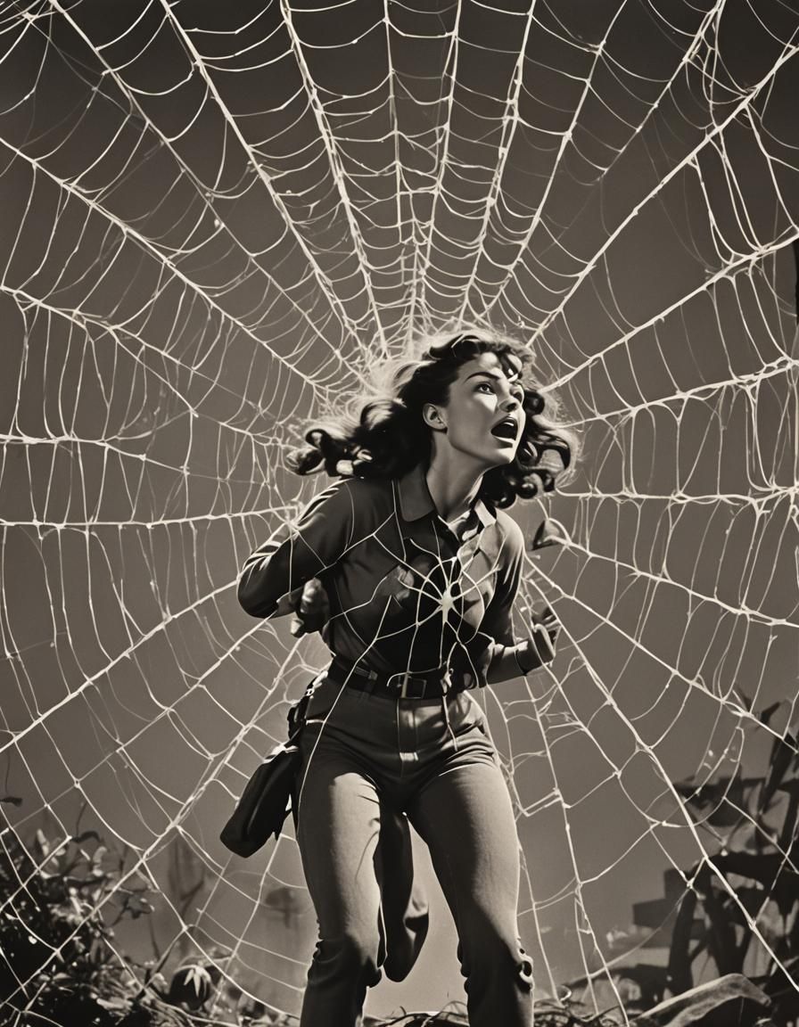 Radioactive Spider Web Horror in 1950s Sci-Fi Style
