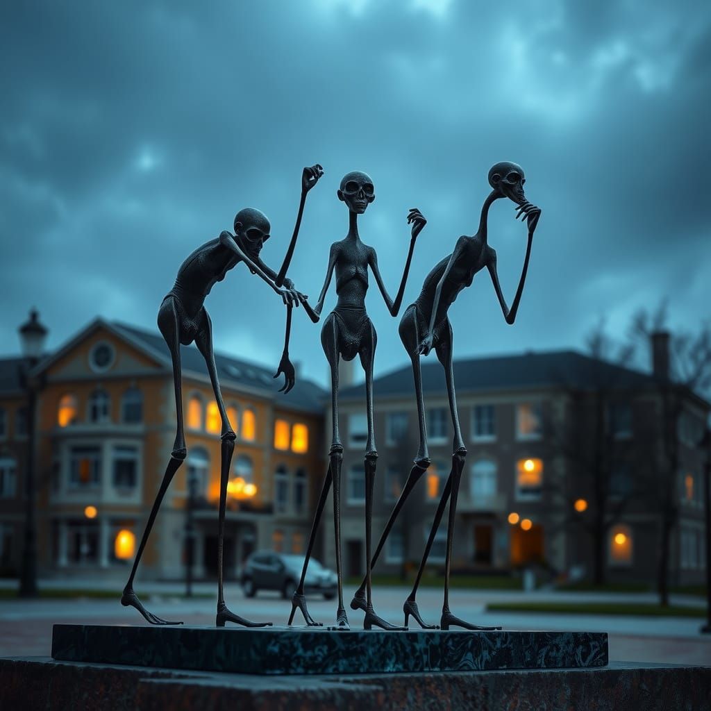 Surreal Stilt Walkers in Moody Hyperrealistic Bronze Sculptu...