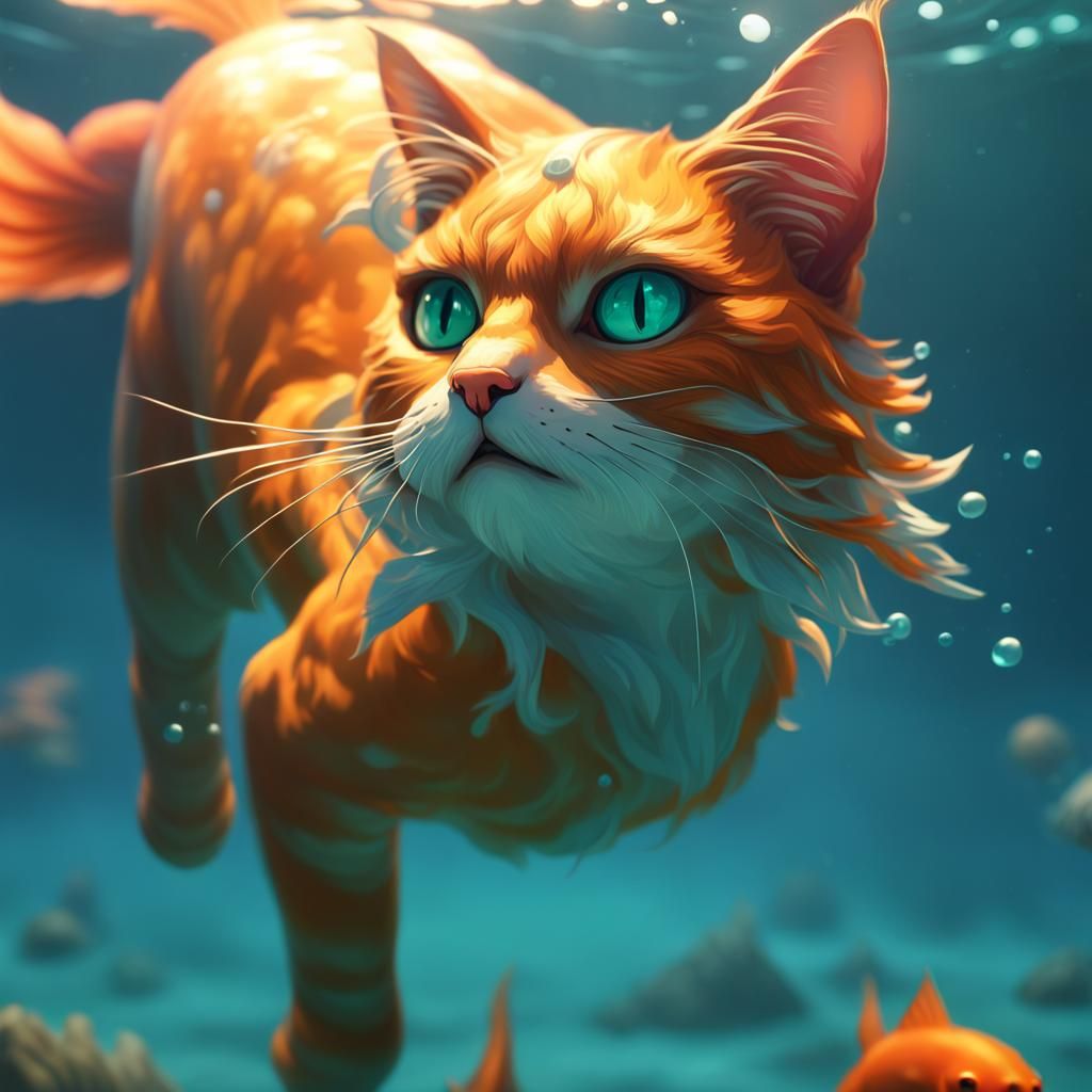 Aquatic Cat Swimming Underwater: Detailed Concept Art