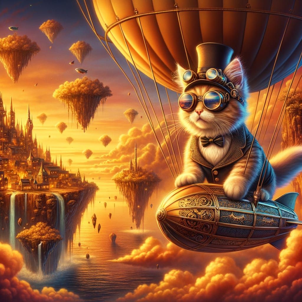 Steampunk Kitten Pilots Dirigible Over Floating Islands