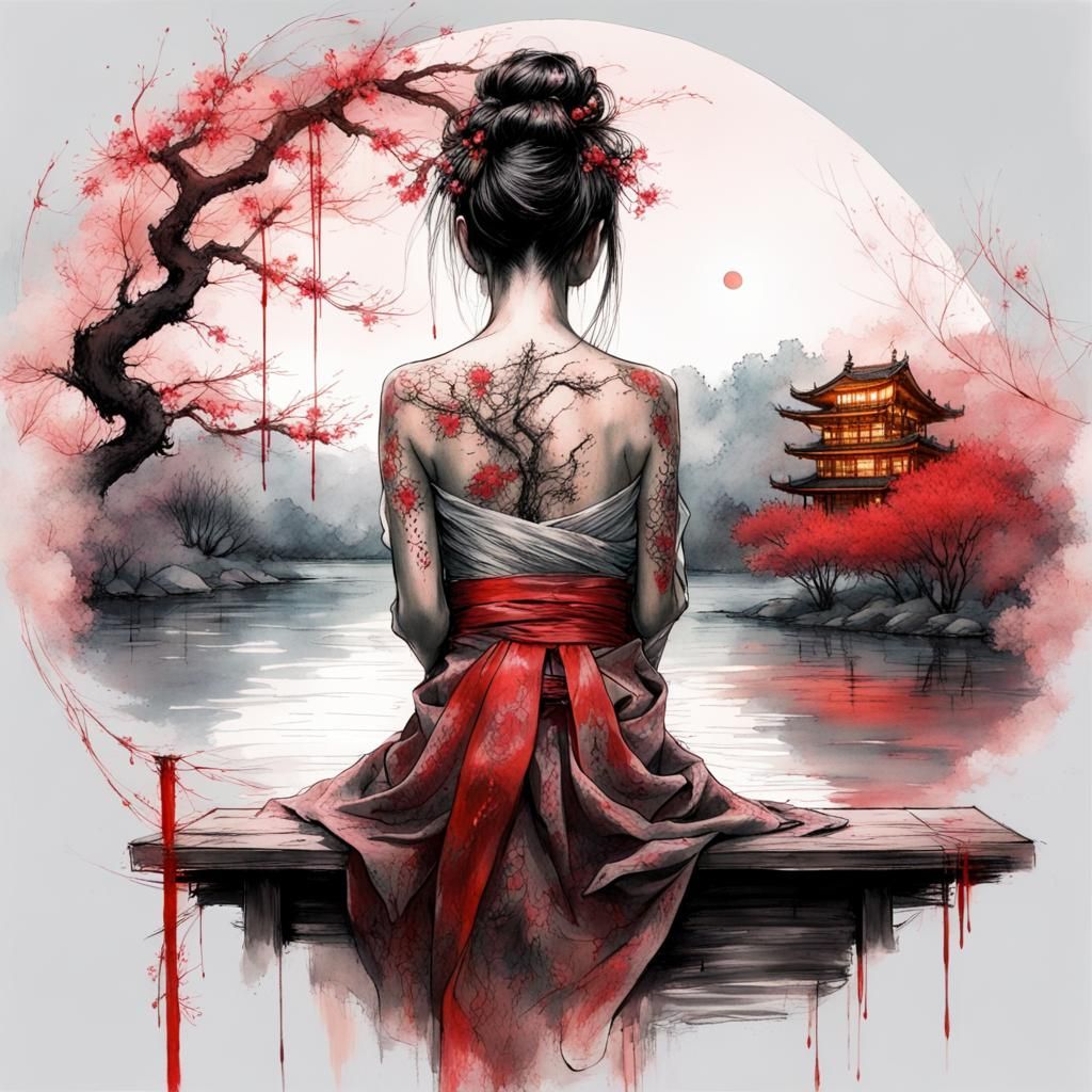 Geisha Tattoo: Cherry Tree and Red Moon Reflection