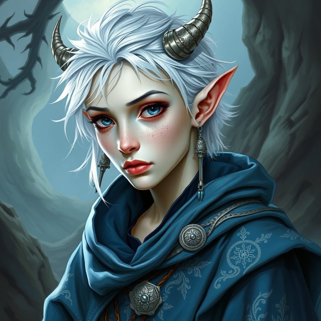 Cyan Elf Warlock with Silver Horns in Fantasy Style