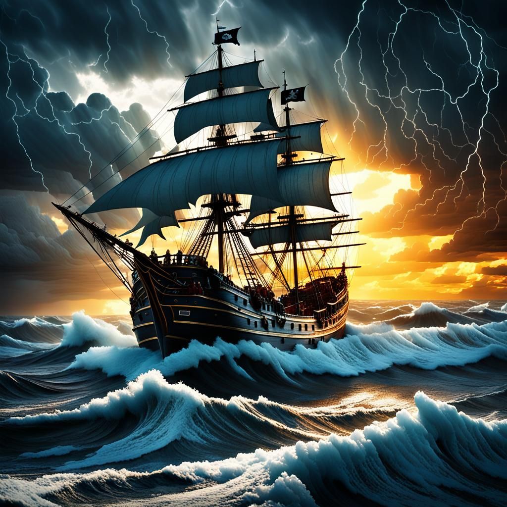 Pirate Ship Navigating Stormy Seas at Golden Hour
