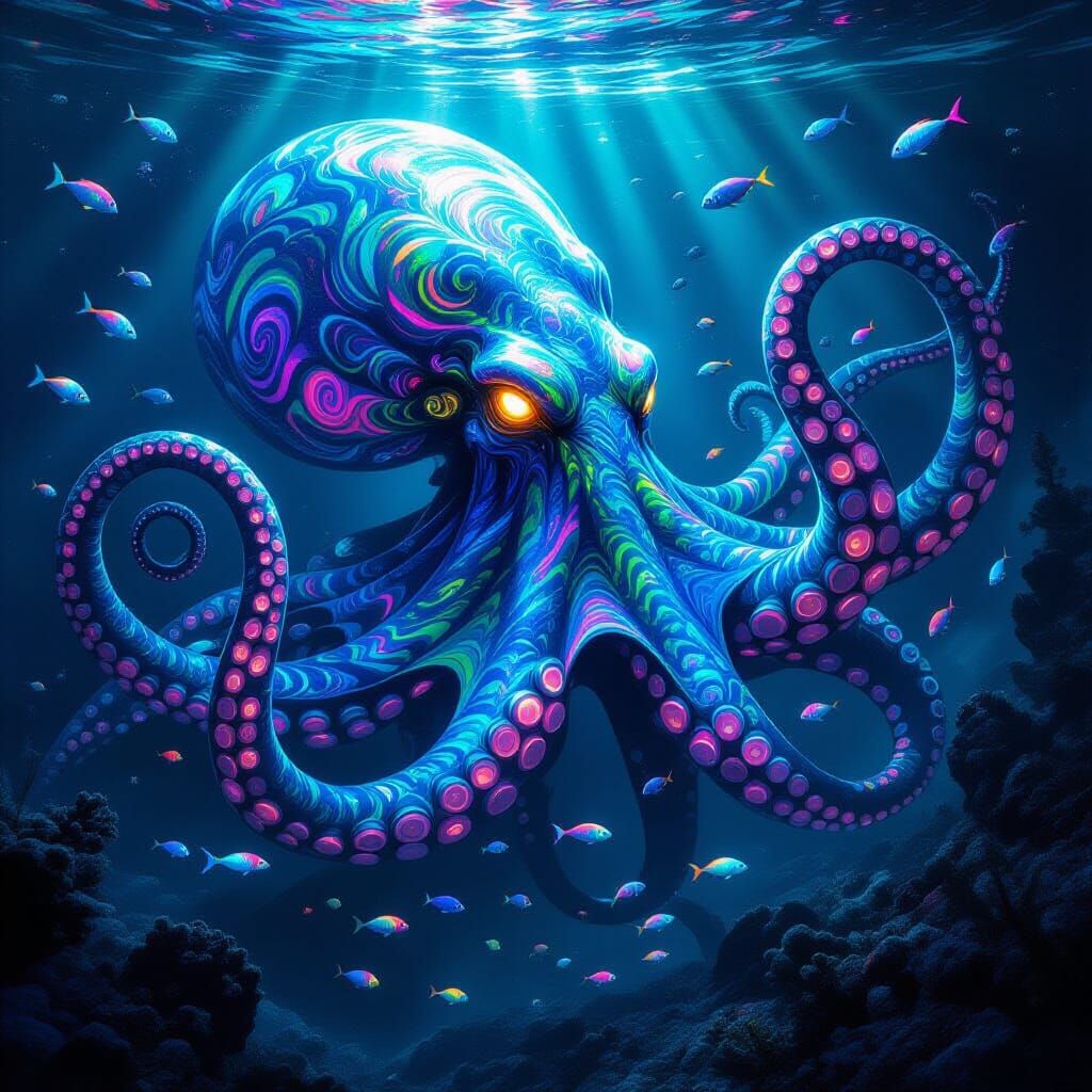 Bioluminescent Kraken in Alien Ocean Depths