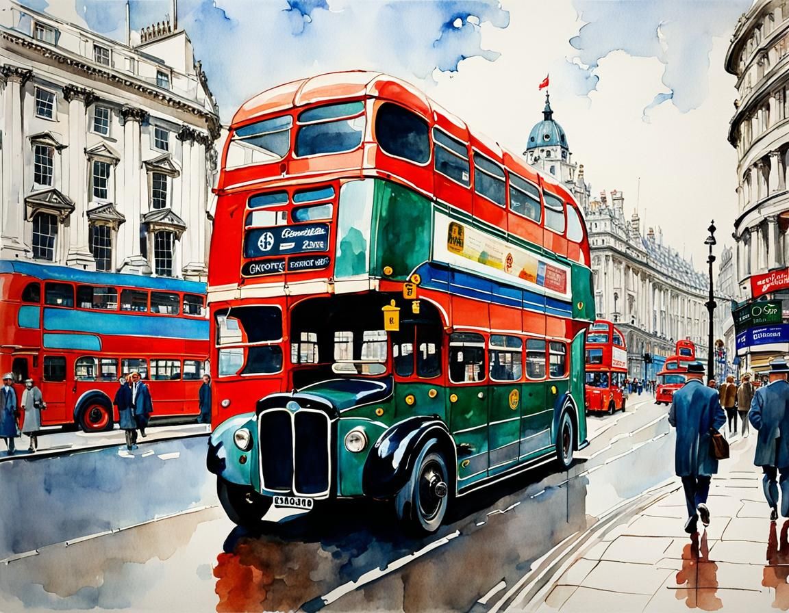 A double-decker bus is seen driving around Piccadilly Circus...