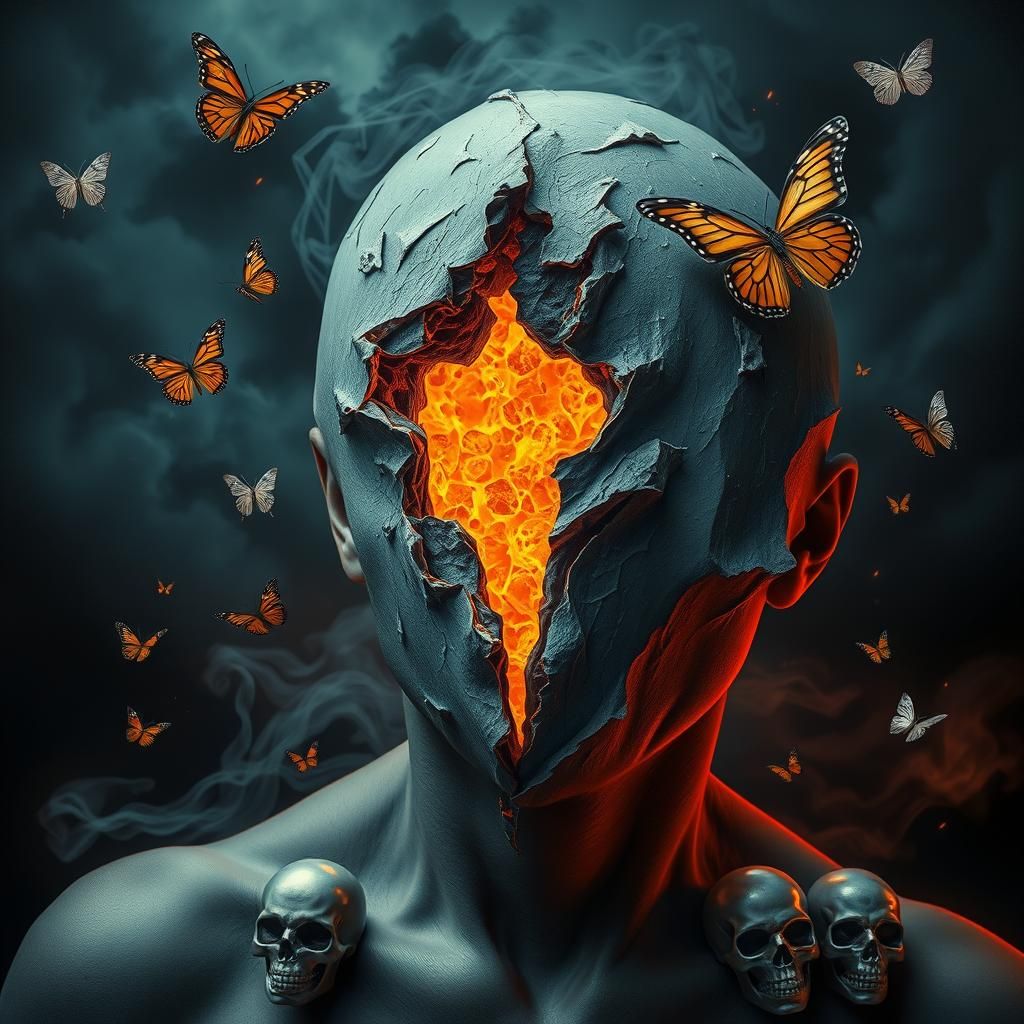 Surreal Molten Core Face in Stormy Night