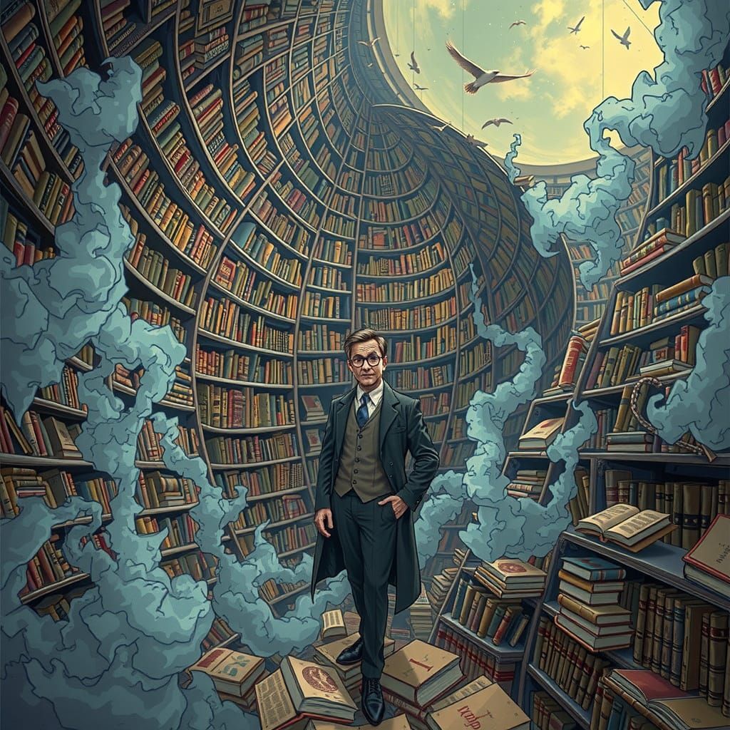 Dreamlike Library of Wonders in Cosmic Vortex