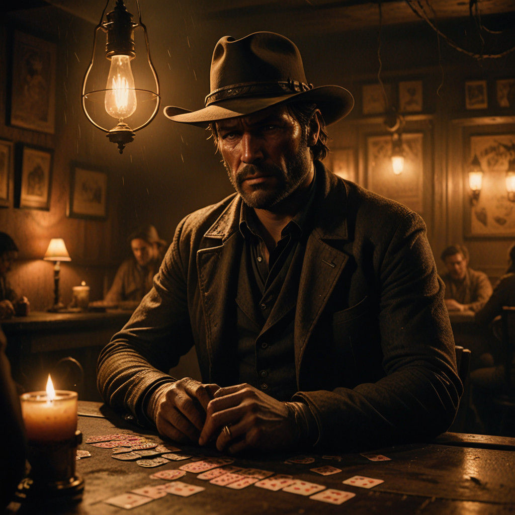 Surreal Old West Poker Scene with Moody Lighting and Chiaros...