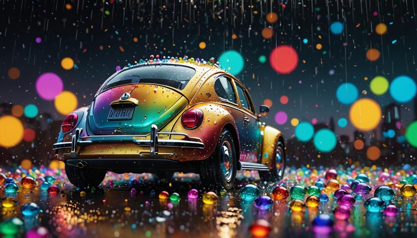 Iridescent Beetle Car on Jewels: Hyperrealistic Splash Art