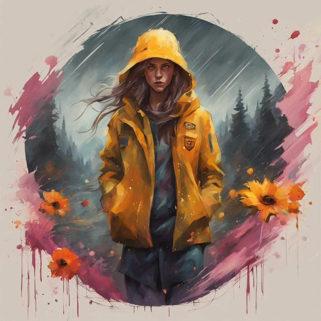 Woman in Rain with Flowers, Expressive Painting