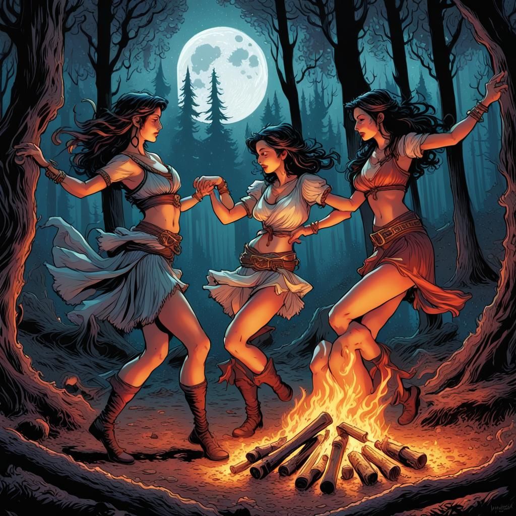 Gypsy Girls Dancing in Moonlit Forest: Comic Book Art