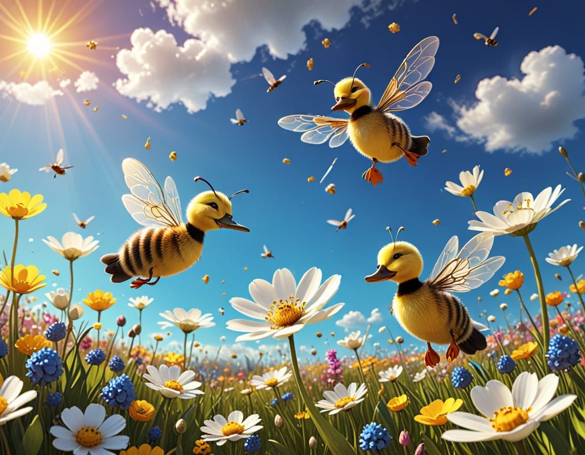 Bee and Duckling in Flower Meadow: Vibrant Digital Art