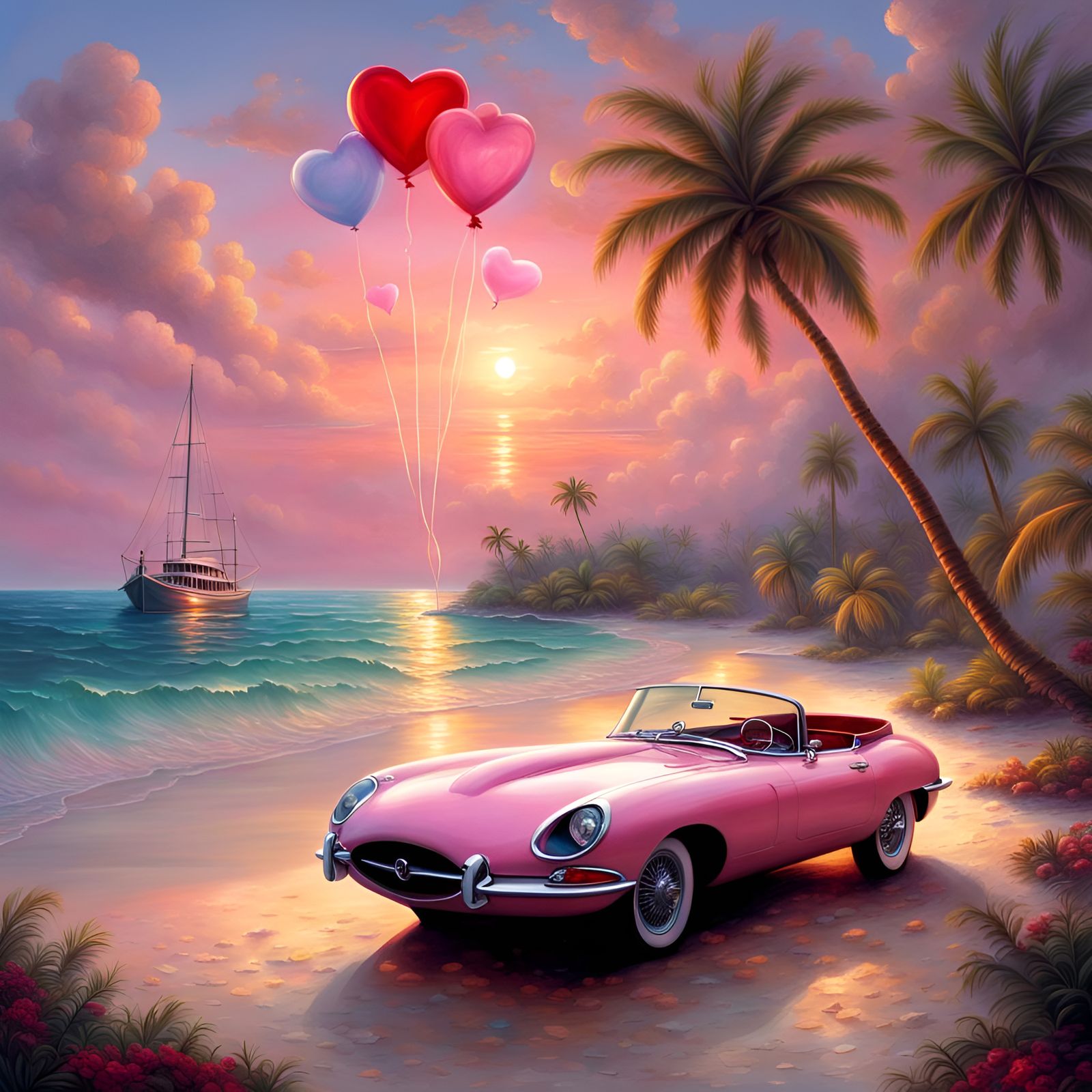Maldives Sunset with Pink Jaguar, Fantasy Scenery