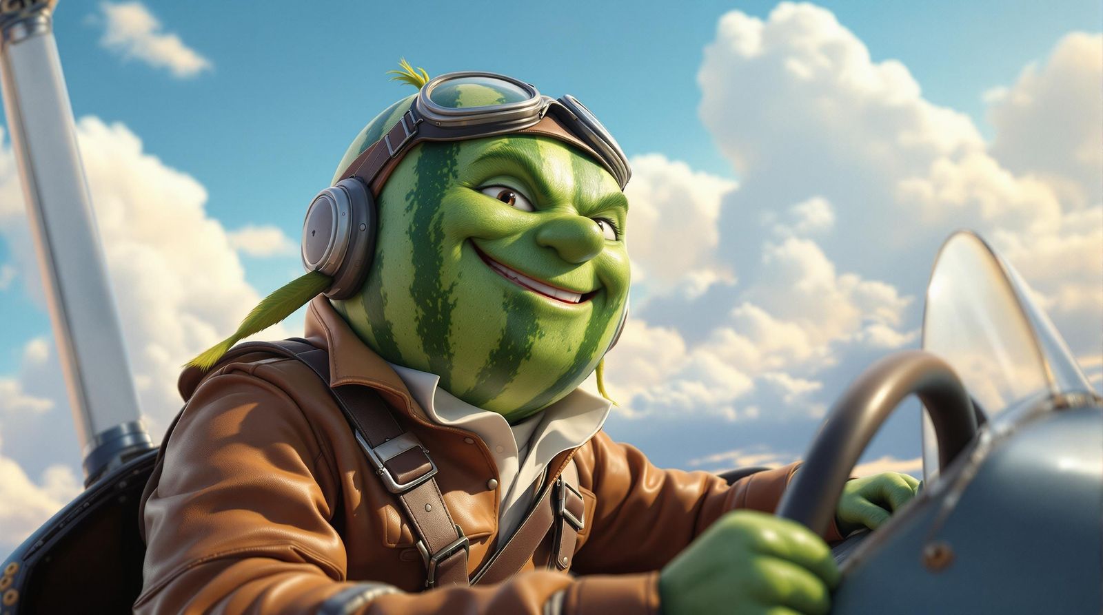 Vibrant Watermelon Pilot Soars Through a Sunny Sky