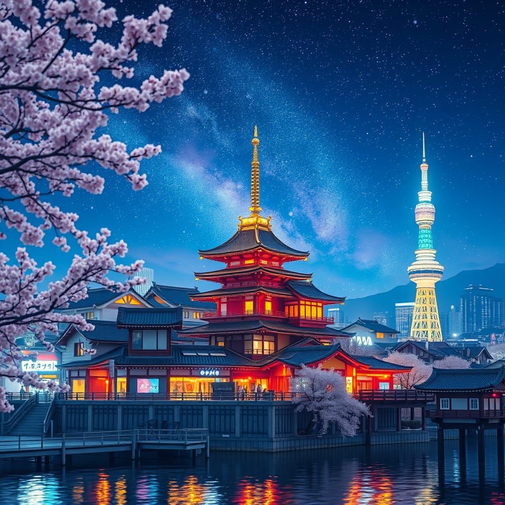 Surreal Japanese Cityscape at Night