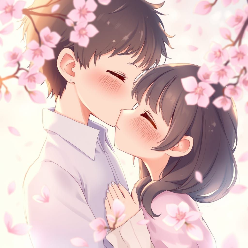 Tender Cherry Blossom Kiss in Whimsical Anime Art