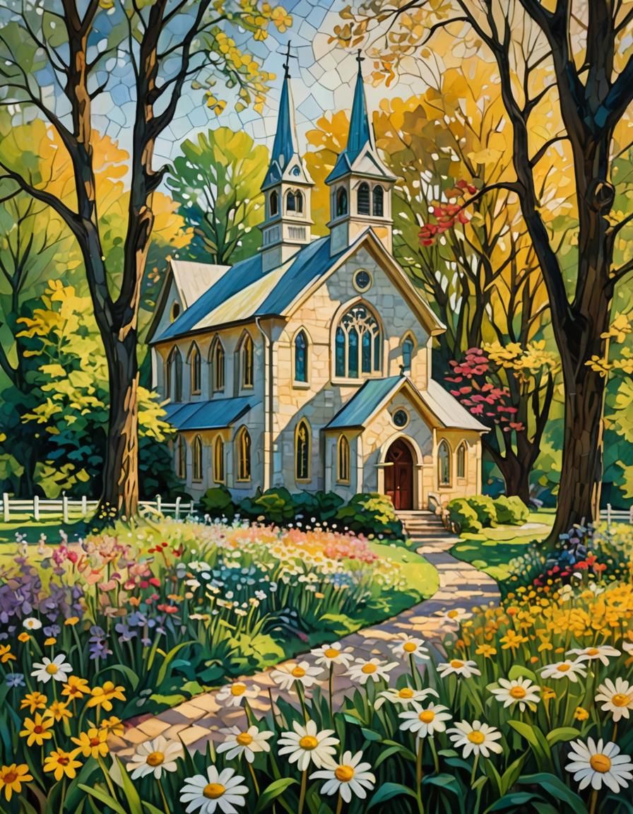 Impressionistic Church with Stained Glass and Flowers