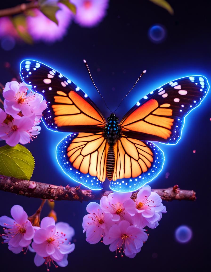 Bioluminescent Monarch Butterfly on Cherry Branch