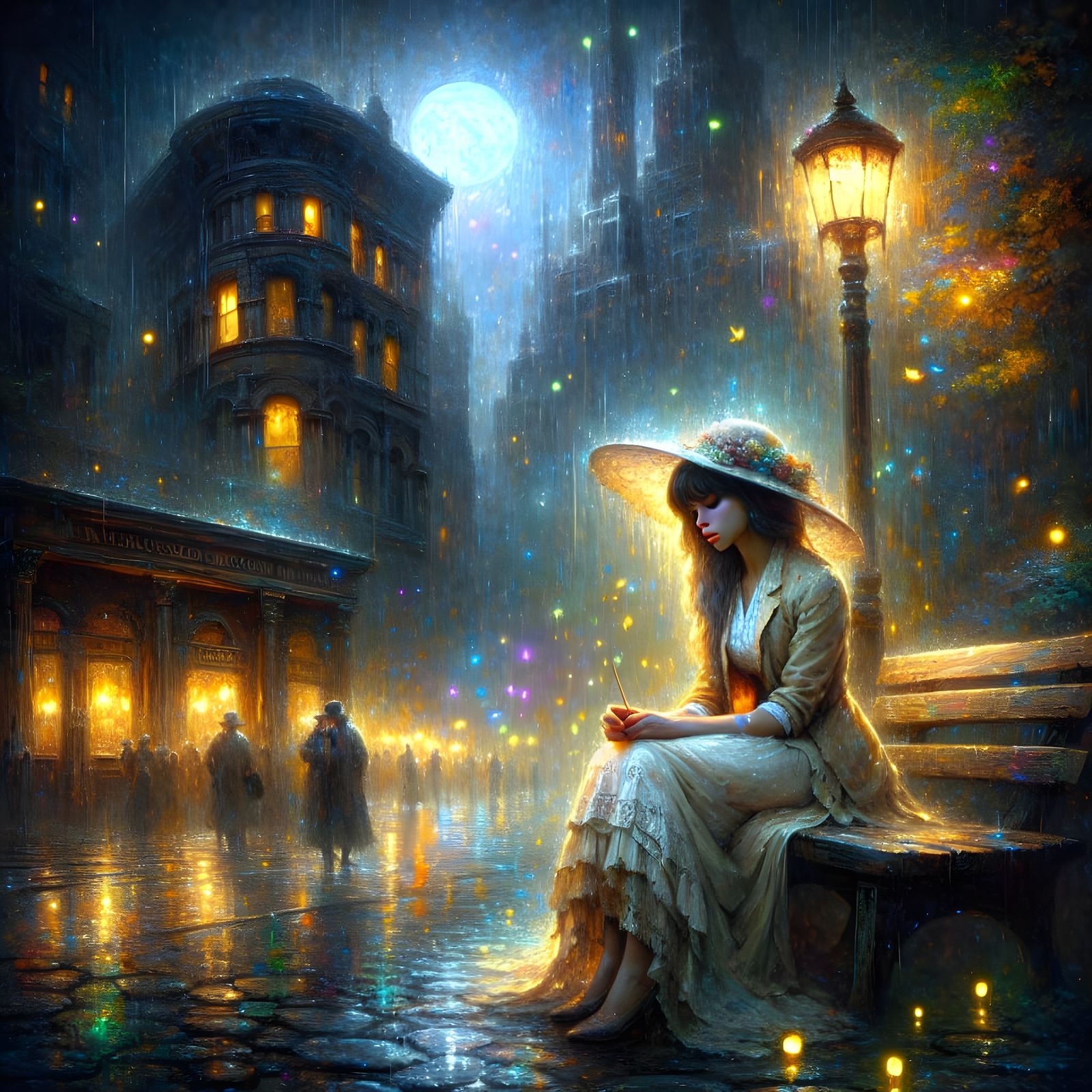 Dark City Shroud: Pensive Girl in Moonlit Rain