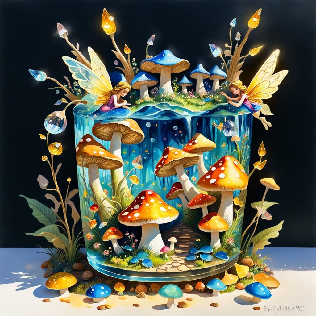 Fairy Princess in Mushroom Forest, Gouache Style
