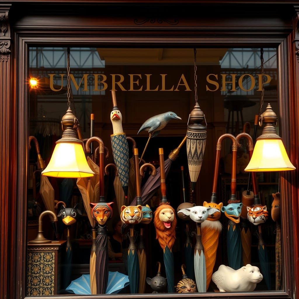 Edwardian Era Umbrella Shop with Vintage Umbrellas in Classi...