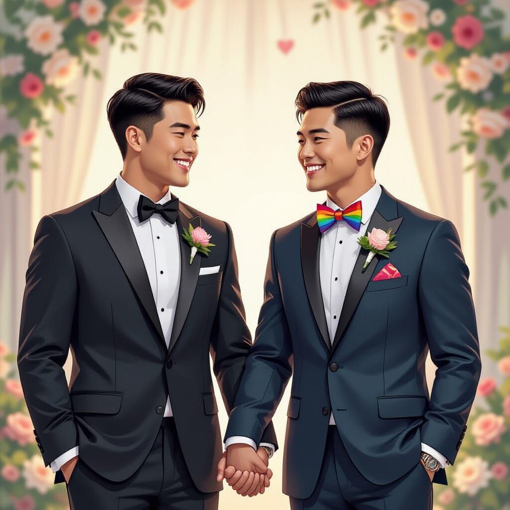 Grooms in Rainbow Attire Celebrate Wedding, Comic Book Style