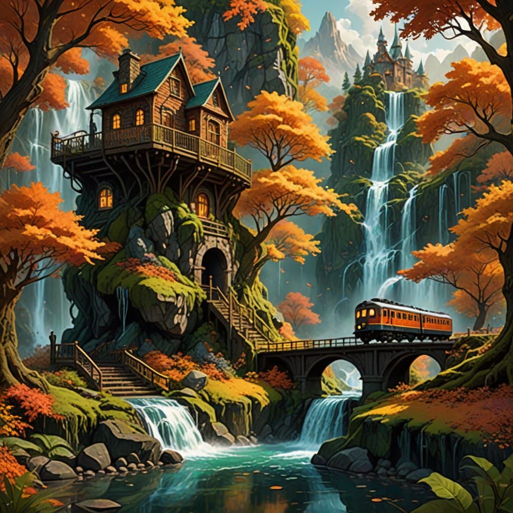 Miniature Autumn Waterfall Scene in a Jar with Train