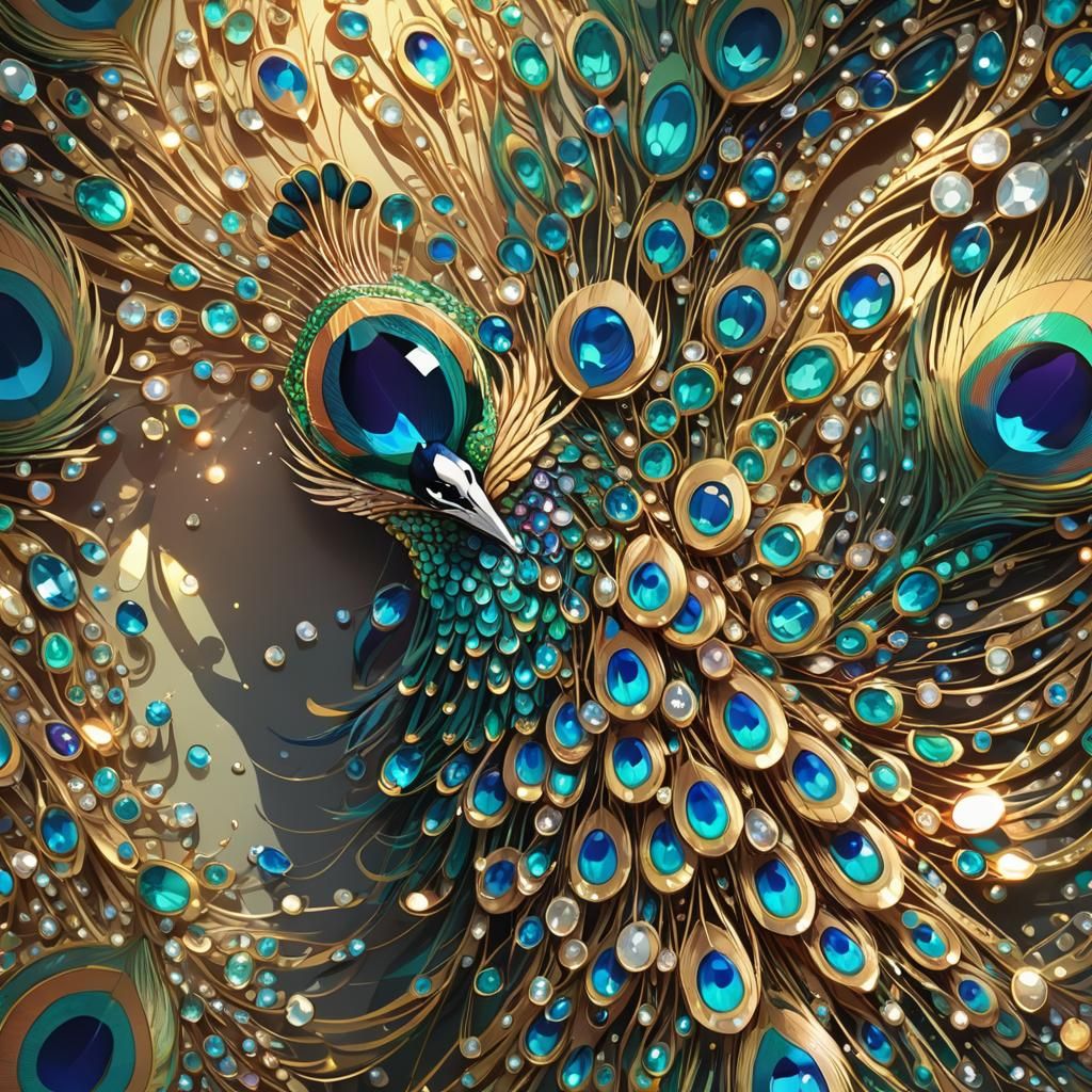 Peacock with Jewelry Gem Tail in Anime Style