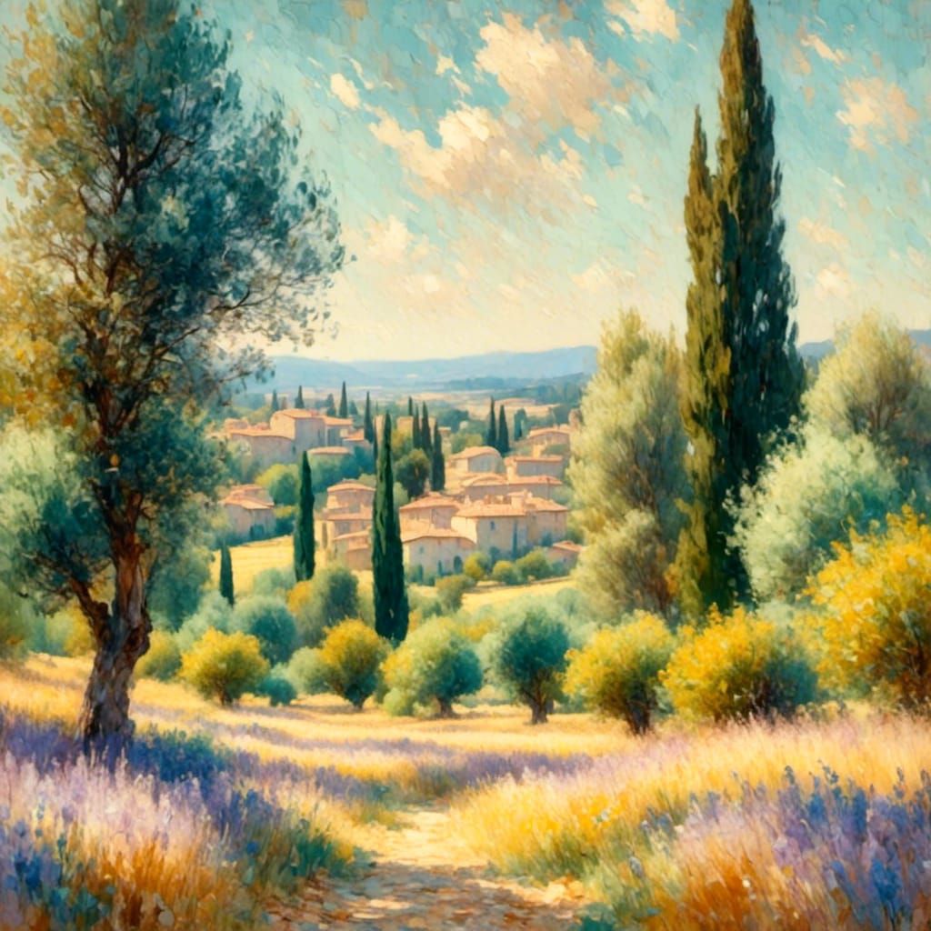 Provence Village Impressionist Painting in Golden Light