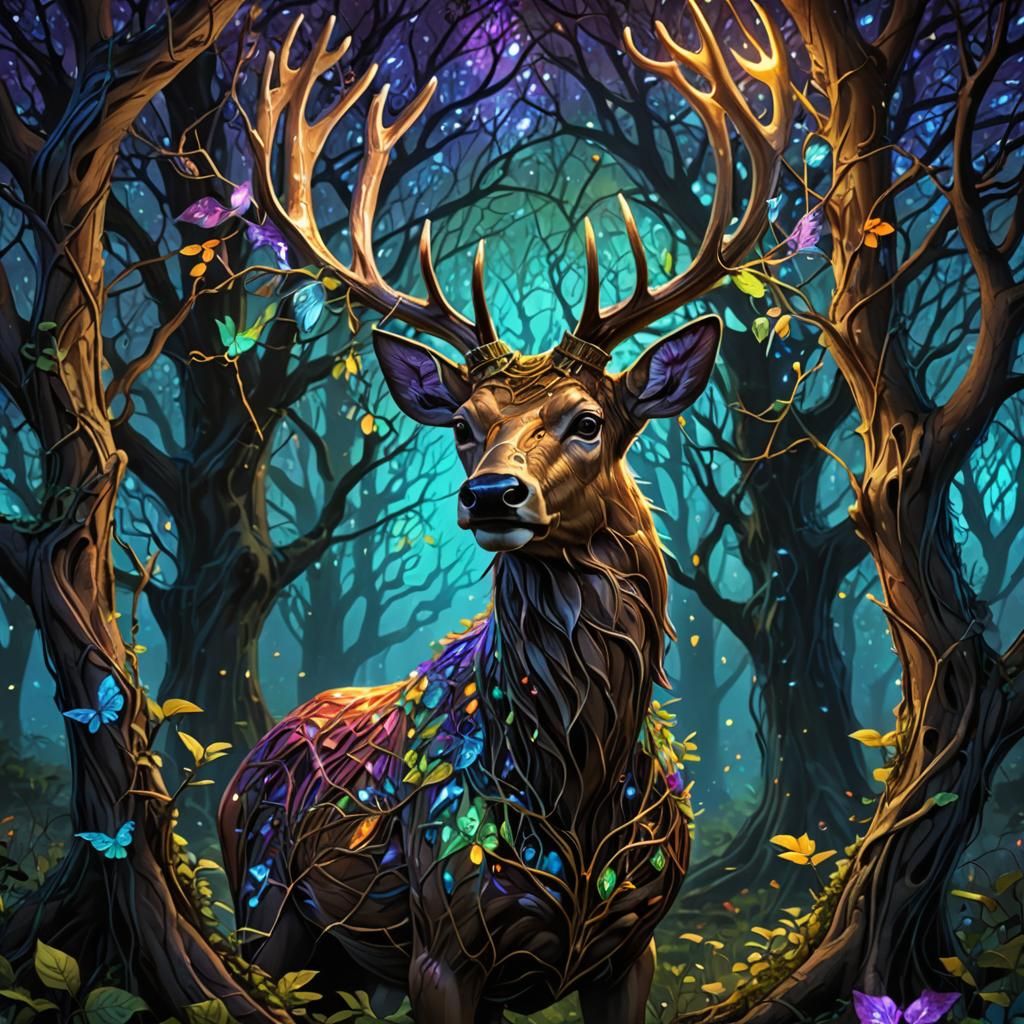 Tree of Life Deer in Dark Fantasy Style