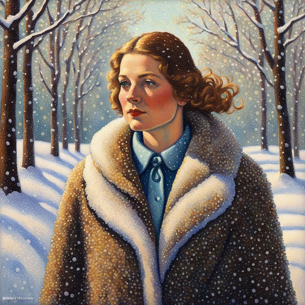 Pointillist Woman in Snowy Winter Landscape