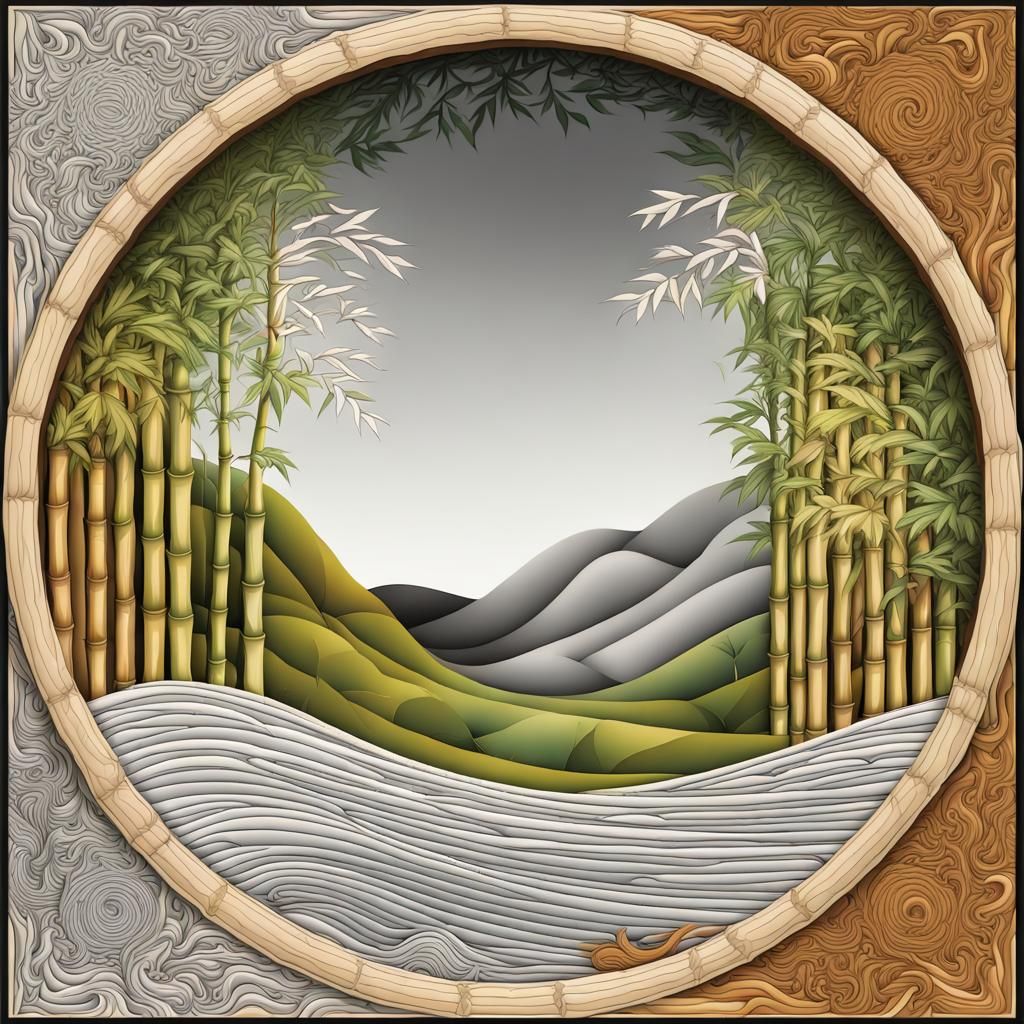 Embroidered Landscape in Bamboo Frame with Fractals