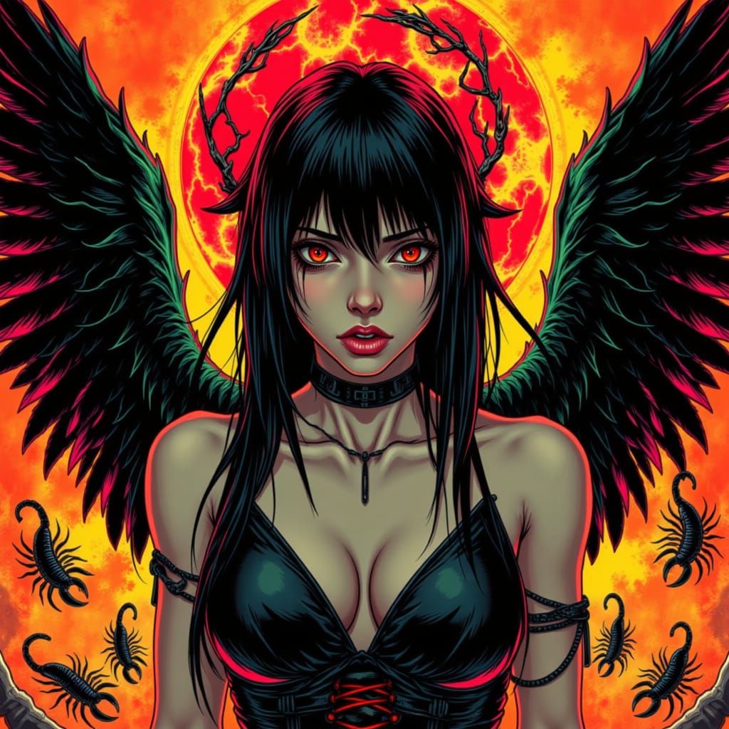 Gothic Cyberpunk Woman with Neon Hair and Tattered Wings
