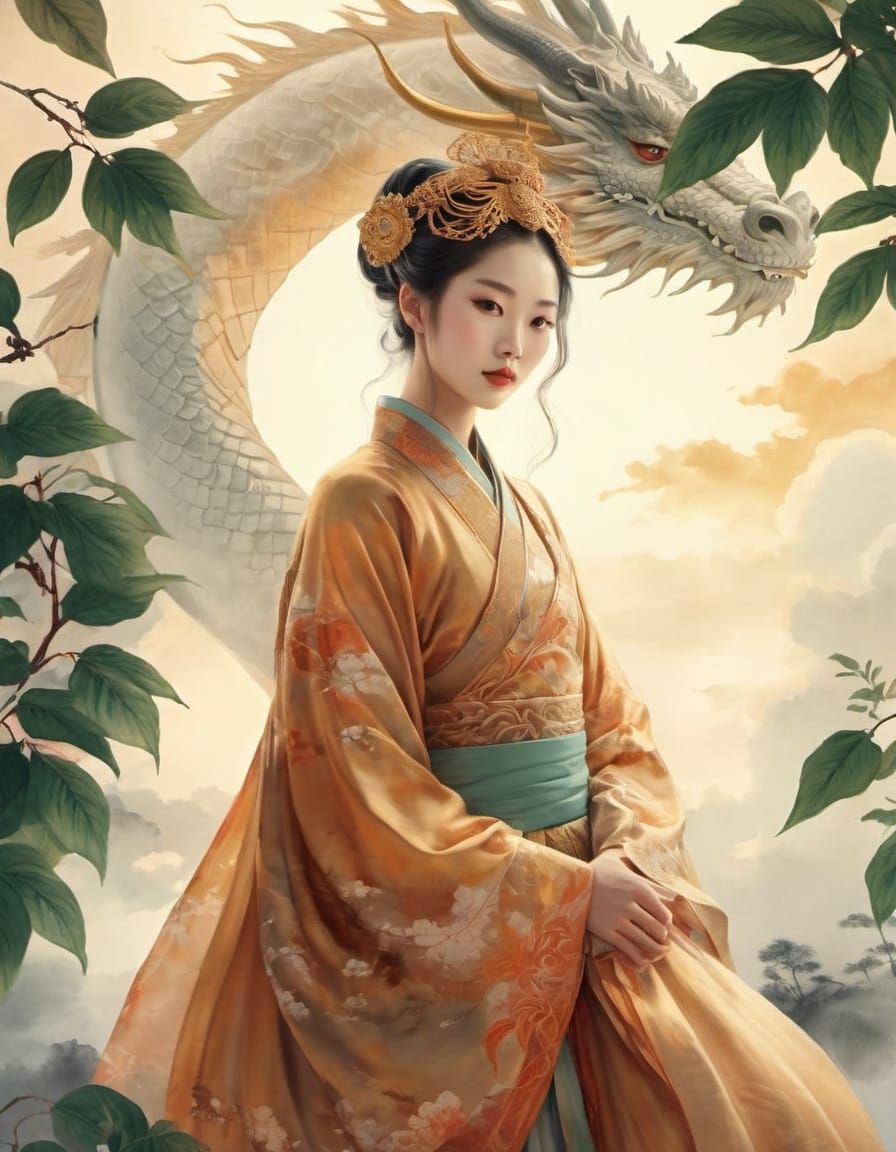 Elegant Song Dynasty Concubine in Golden Light with Celestia...