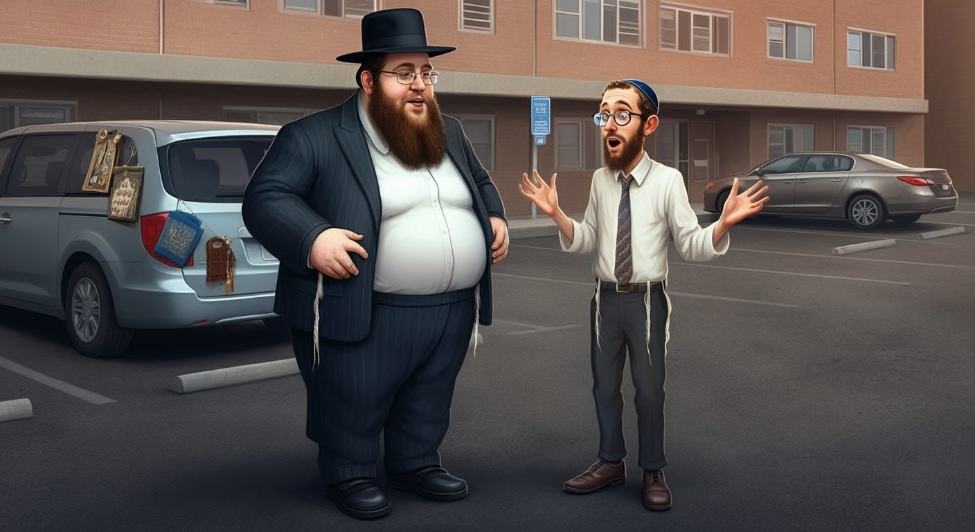 Surreal Portrait of a Hasidic Man Standing Beside a Modern O...