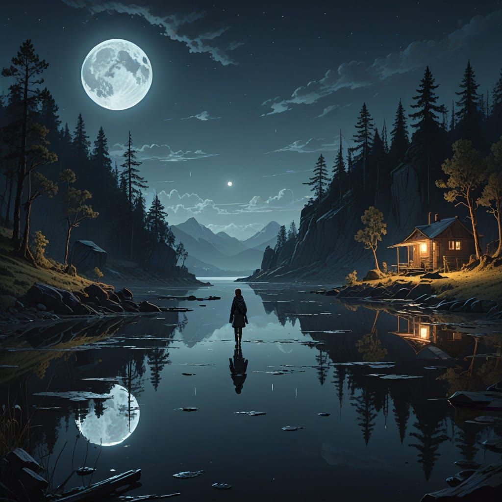 Hyperrealistic Woman Contemplates Tranquil Lake by Moonlight