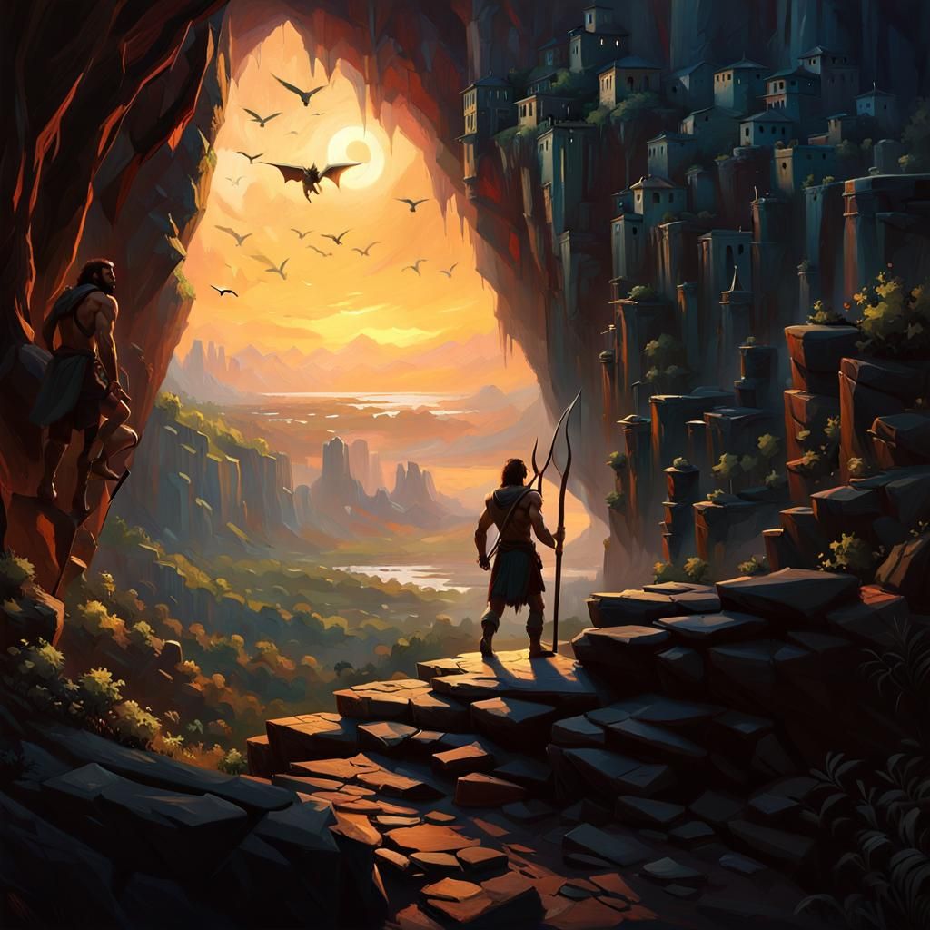 Bearded Caveman on Platform with Flying Pteranodons