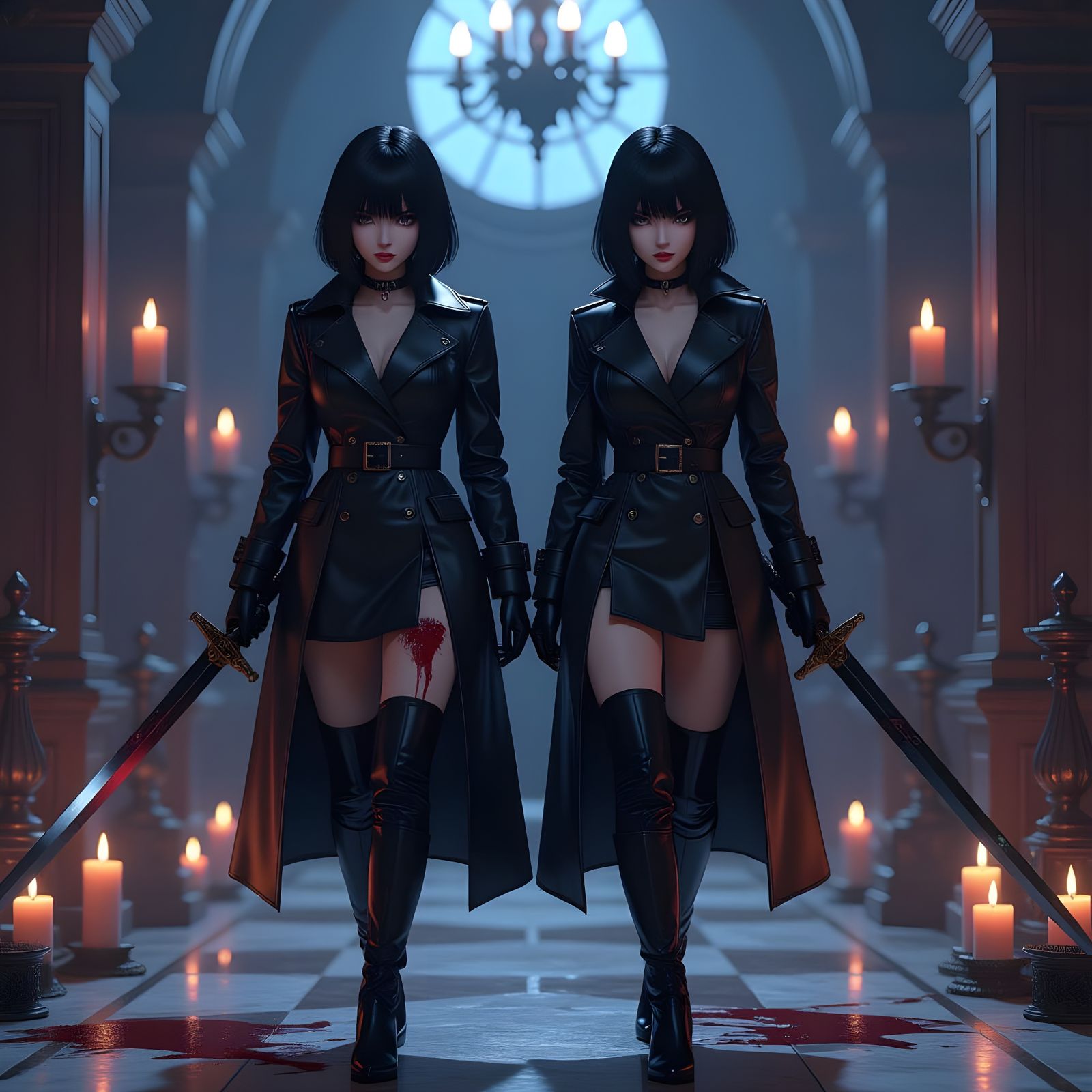 Dark Mansion Swordswomen in Bloody Anime Art Style